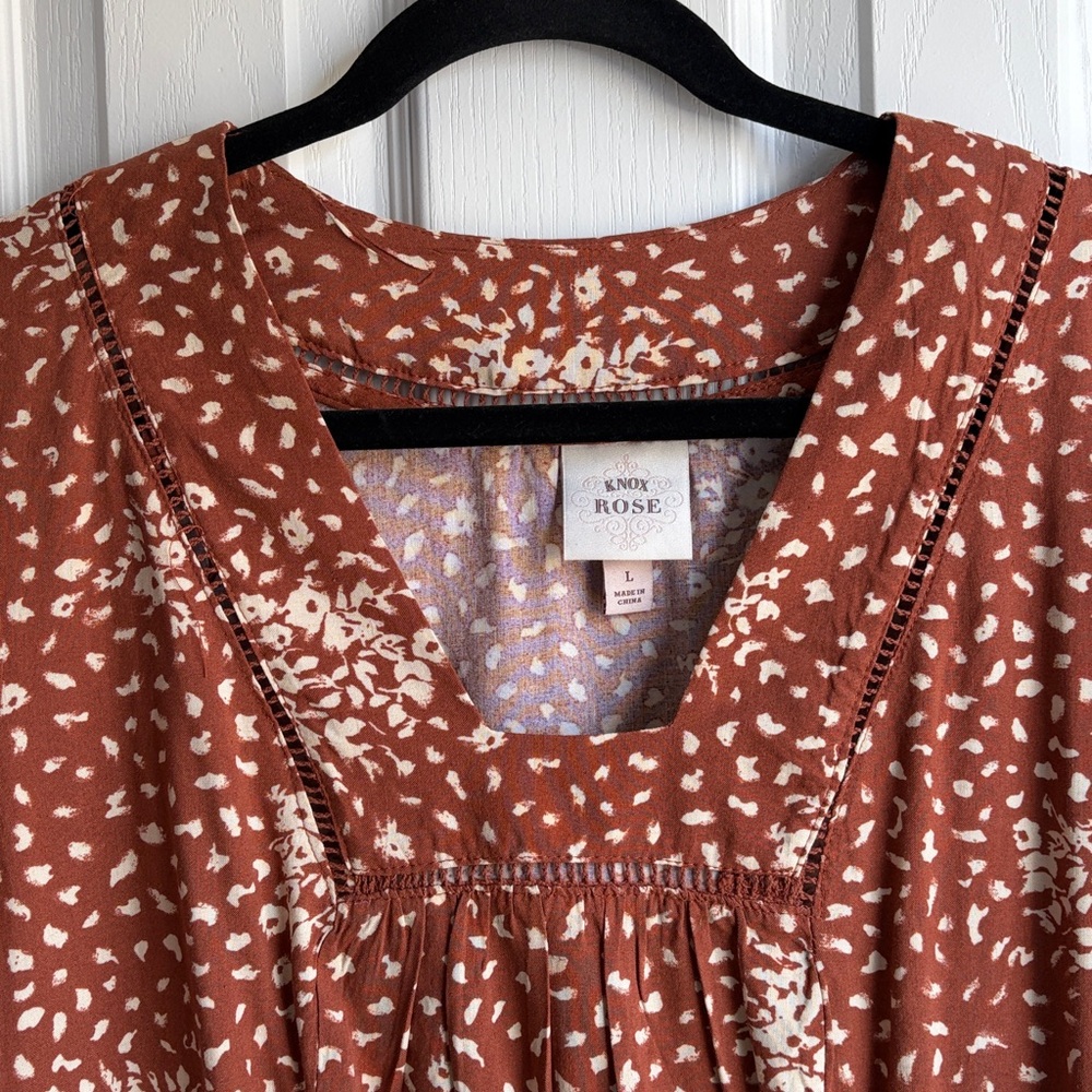 Knox Rose Floral Print Peasant Boho Mini Dress Women's Size Large Rust Cream - Picture 11 of 12